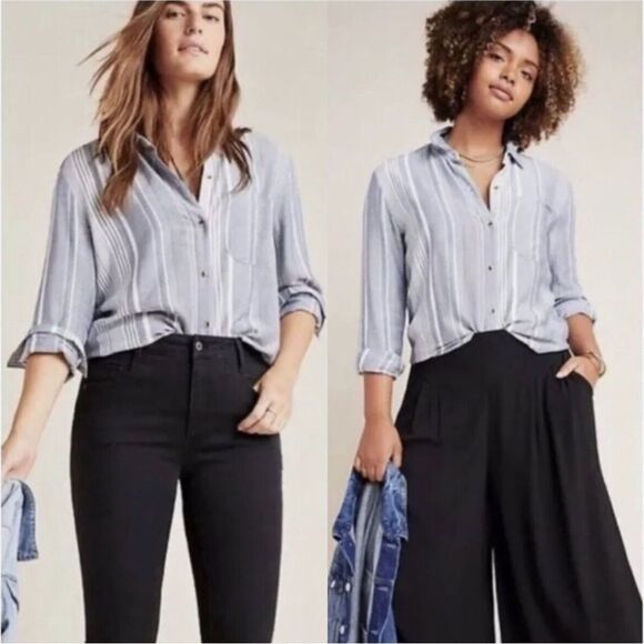 Maeve By Anthropologie Blue & White Striped Button-Up Shirt Size Small - Picture 1 of 16